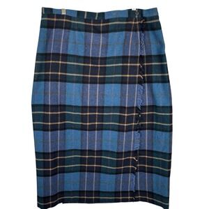 Vtg 90s RAFAELLA Womens Plaid Wool Wrap Blanket Skirt Long Blue Black Size 20